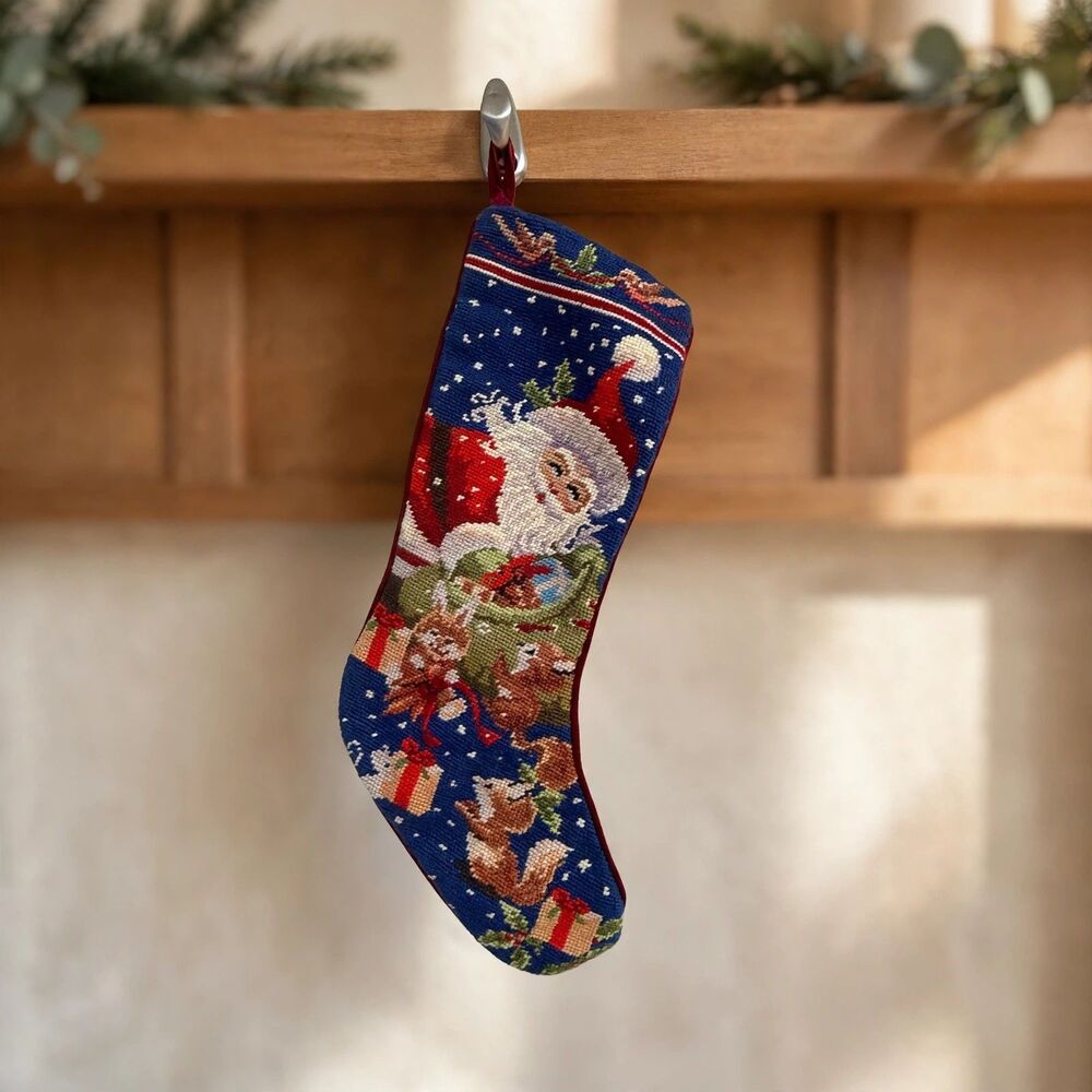 Needlepoint Santa Stocking Woodland Bunny Squirrels Navy Velvet Back VTG